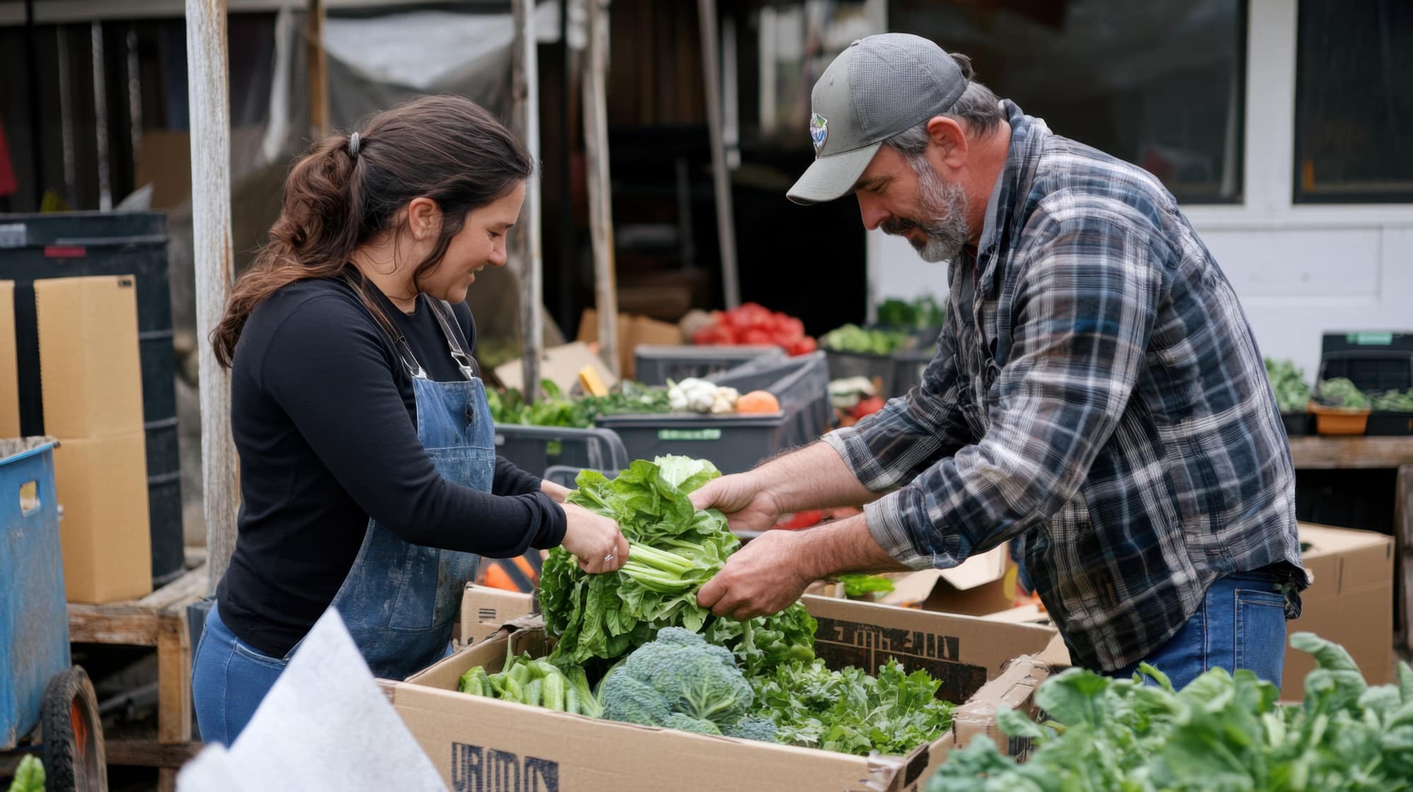 Two people packing fresh greens into boxes for delivery